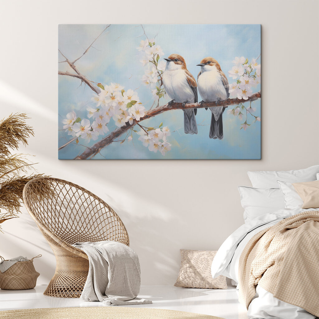 Two birds on a branch with white flowers Two birds on a branch with white flowers