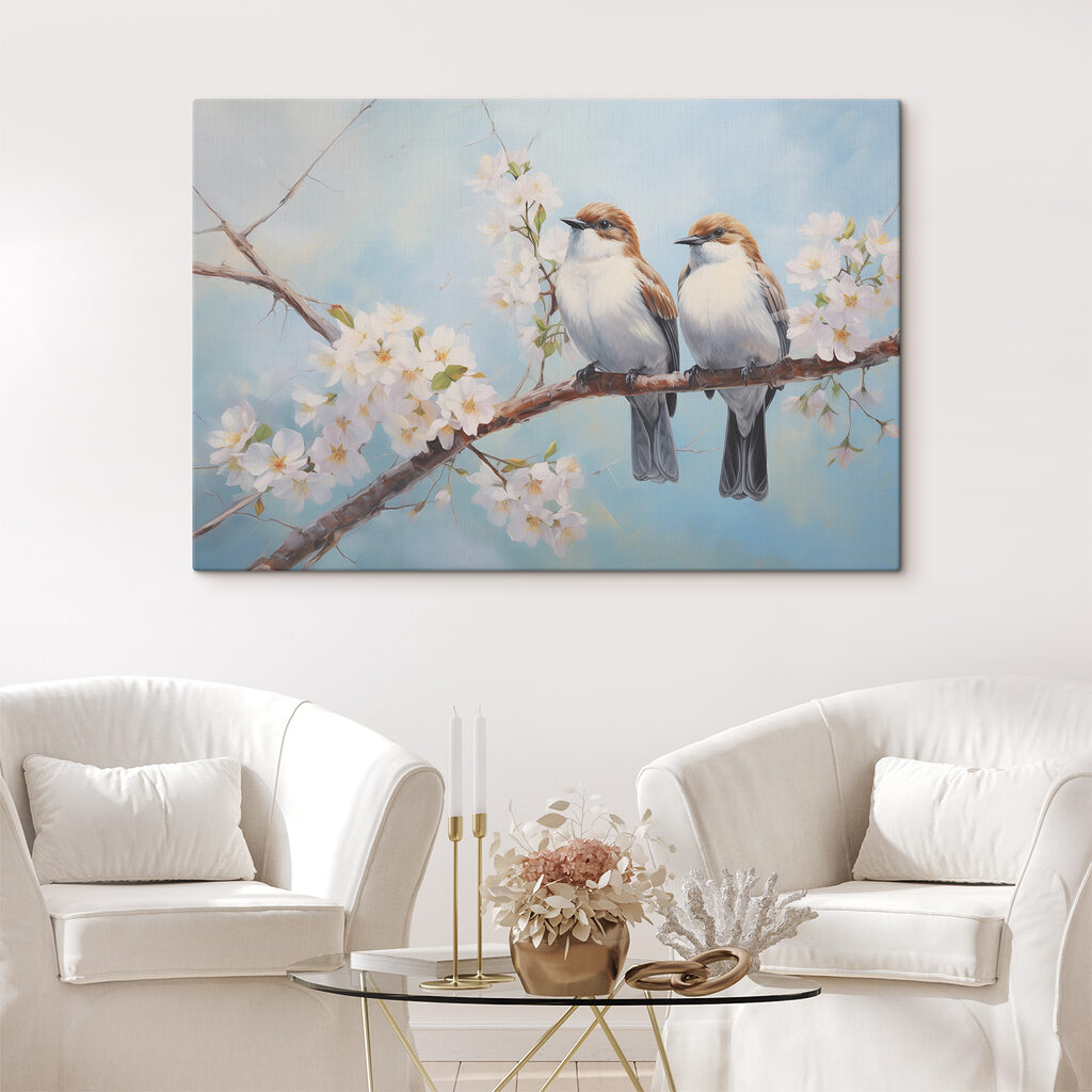 Two birds on a branch with white flowers Two birds on a branch with white flowers