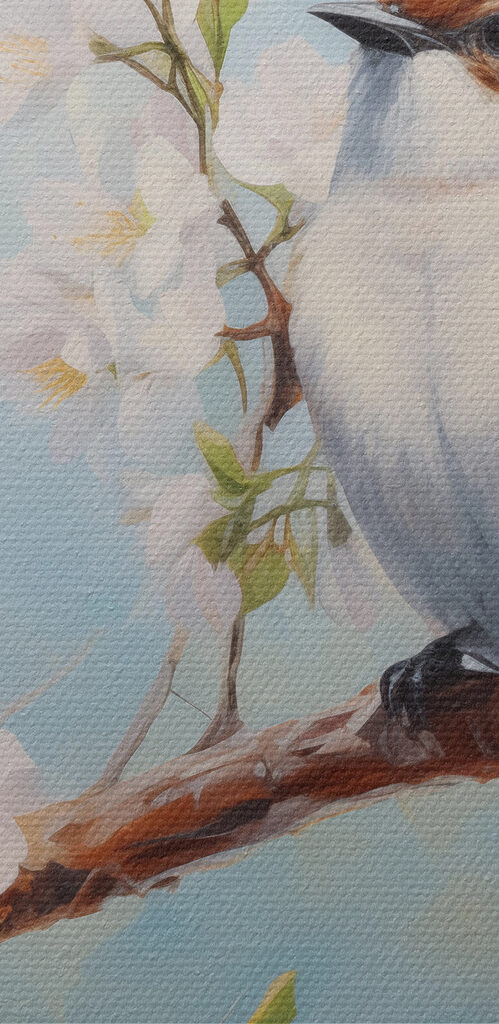 Two birds on a branch with white flowers Two birds on a branch with white flowers