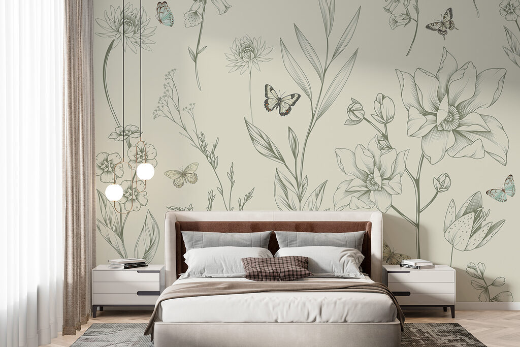 Wallpaper with flowers and butterflies