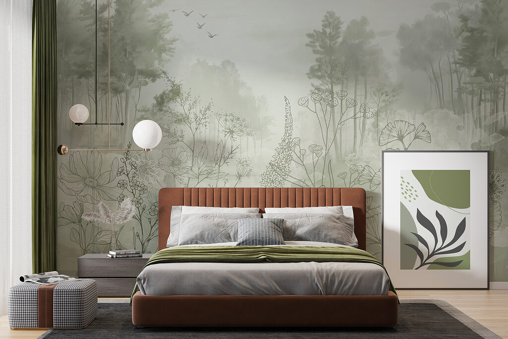 Foggy forest with trees and birds