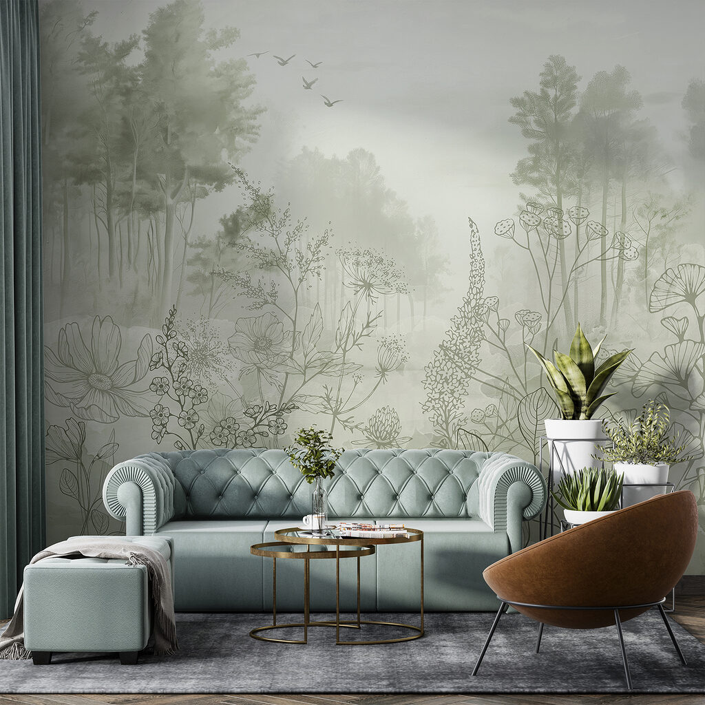 Foggy forest with trees and birds