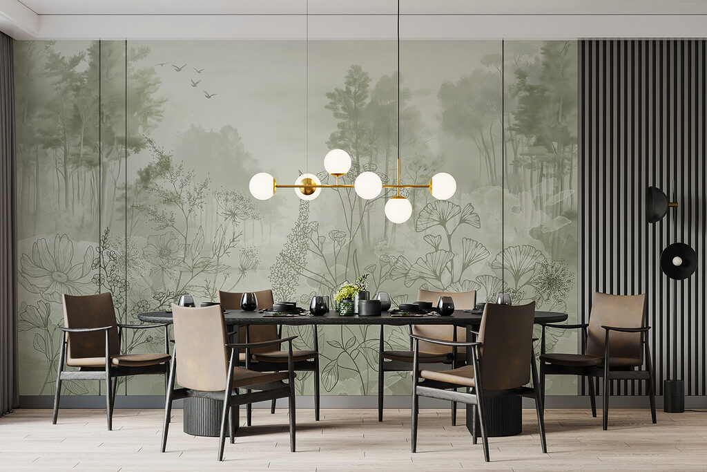 Foggy forest with trees and birds