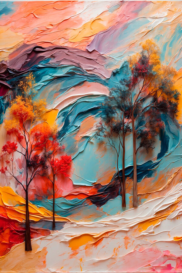 Painting of trees and colorful waves Painting of trees and colorful waves