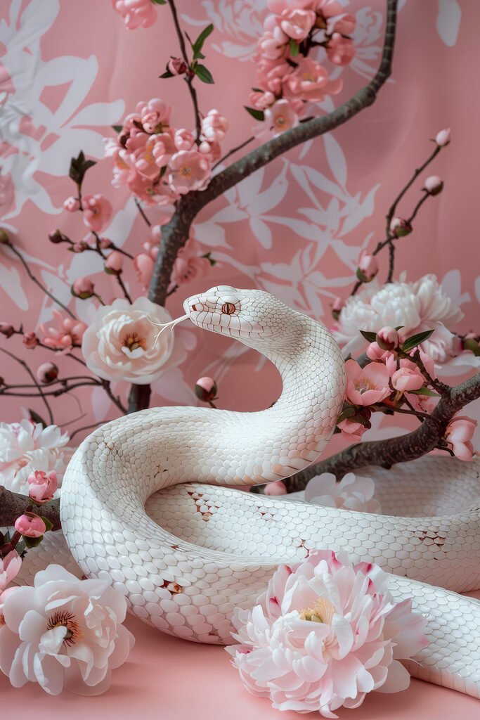 White snake with pink flowers White snake with pink flowers
