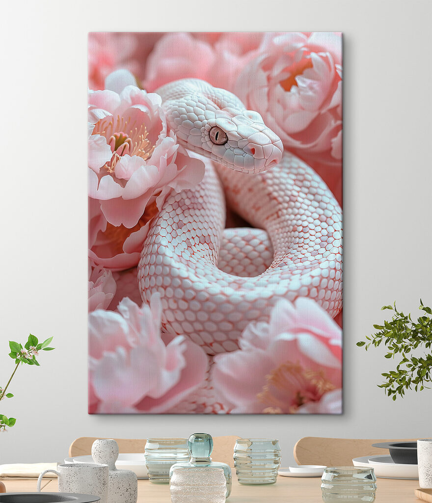 White snake in pink flowers White snake in pink flowers