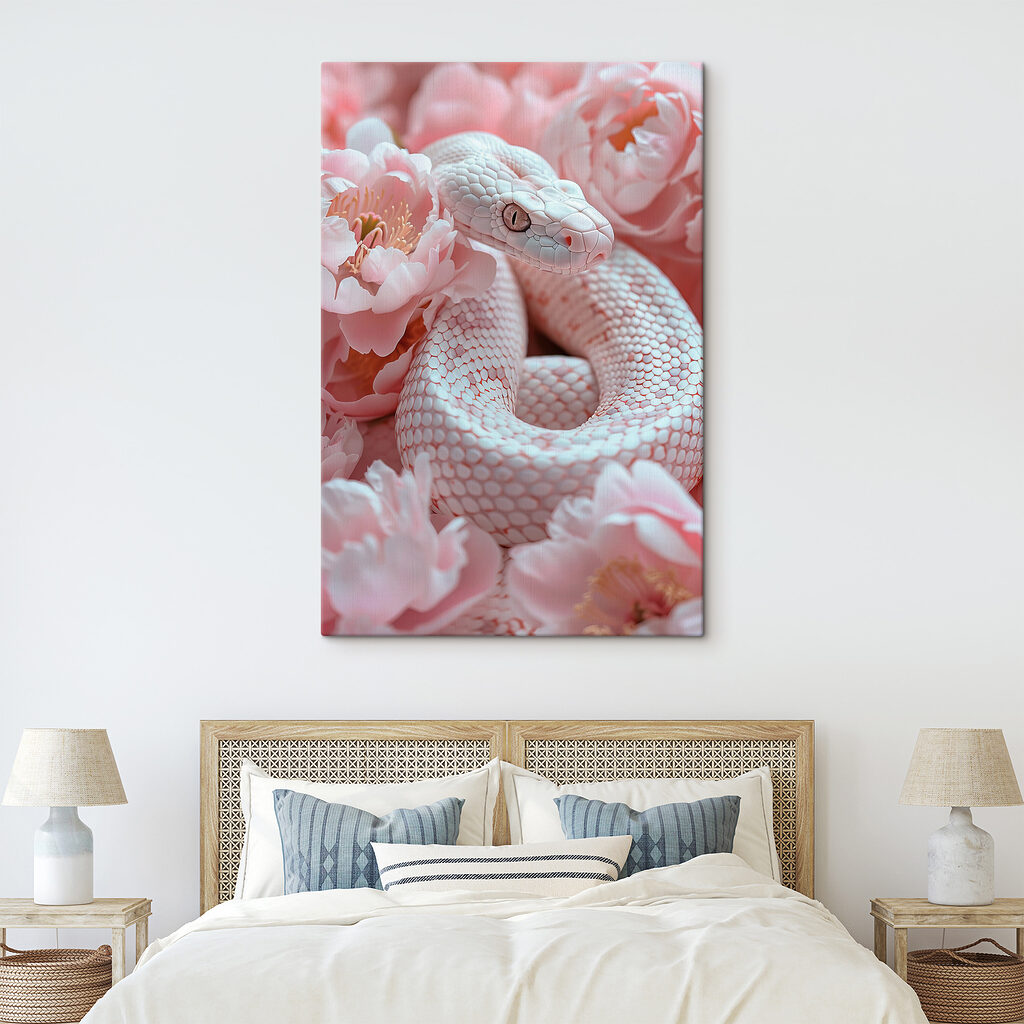 White snake in pink flowers White snake in pink flowers