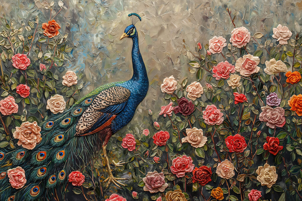 Painting of a peacock surrounded by flowers