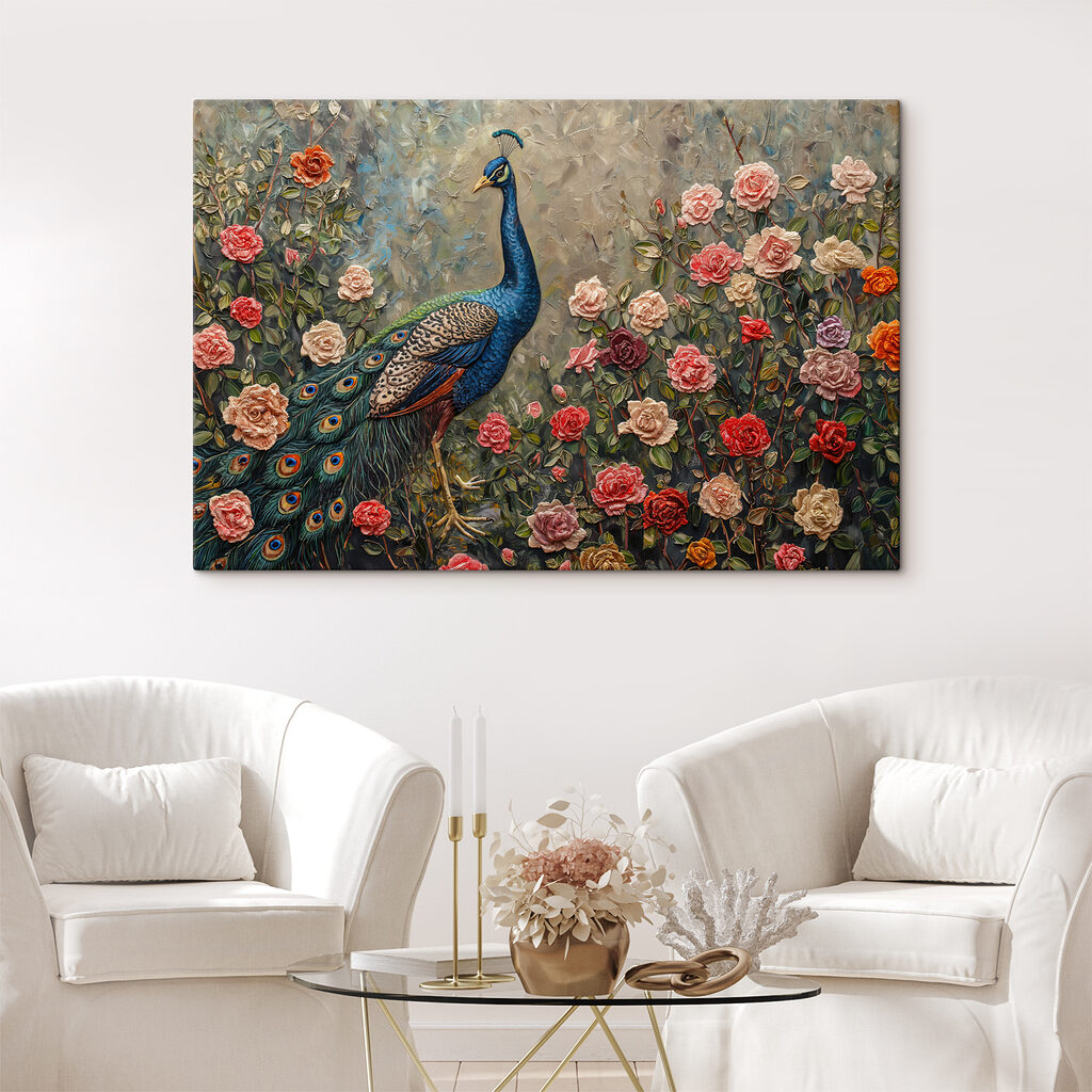 Painting of a peacock surrounded by flowers