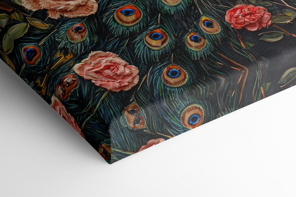 Painting of a peacock surrounded by flowers