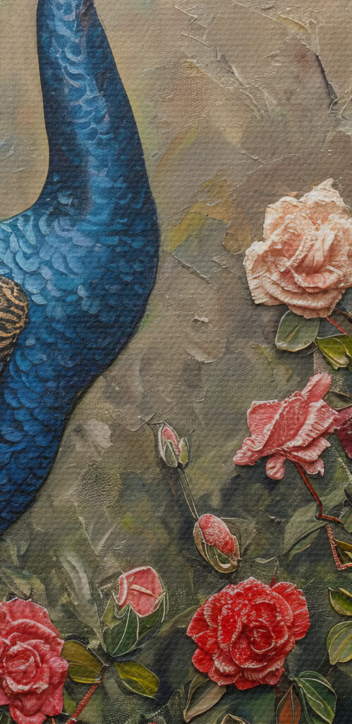 Painting of a peacock surrounded by flowers