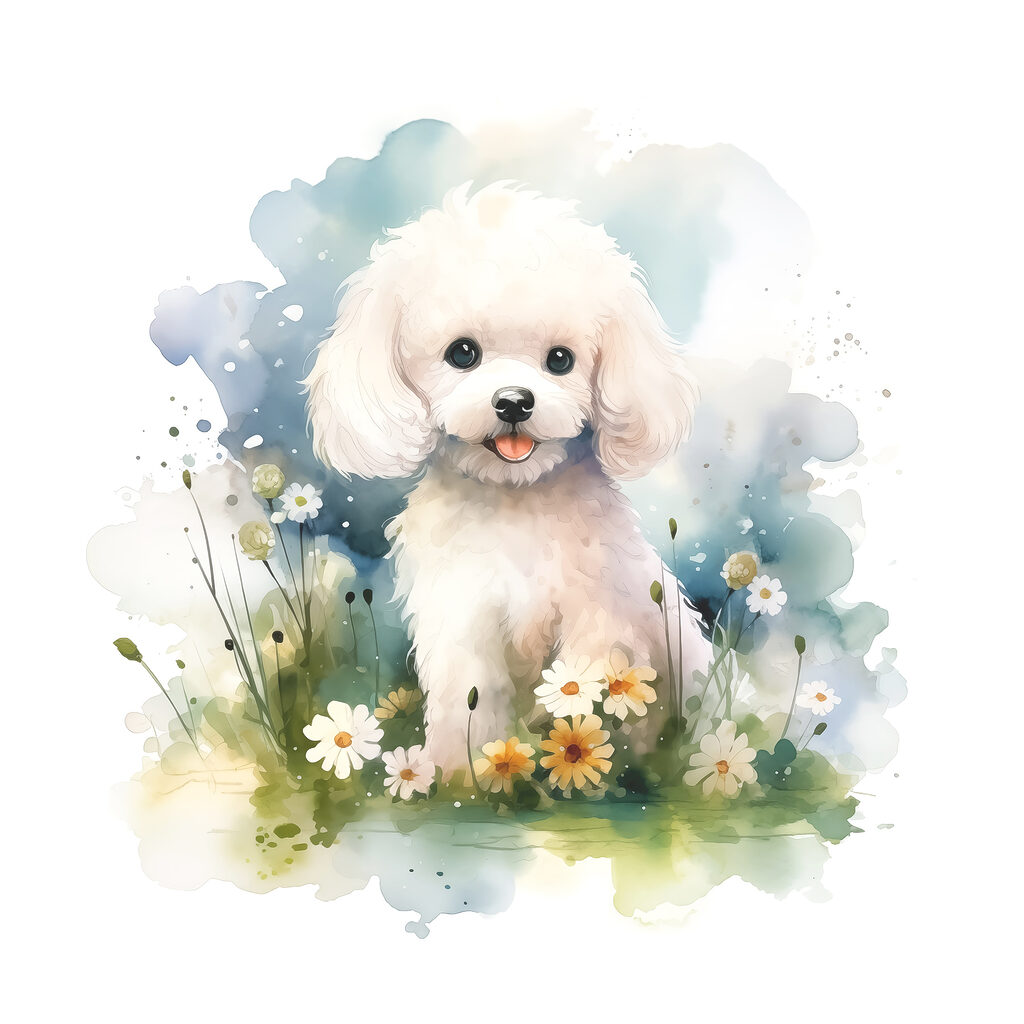 White dog sitting in a field of flowers