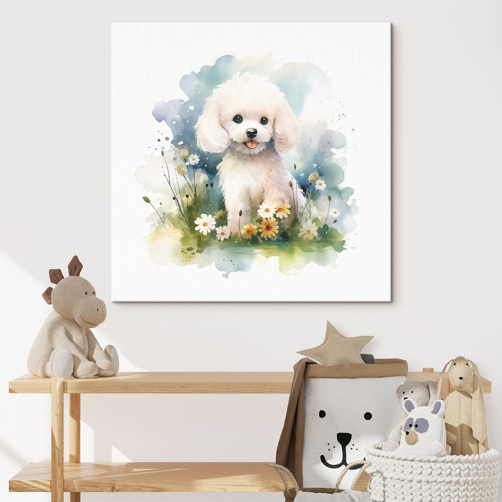 White dog sitting in a field of flowers