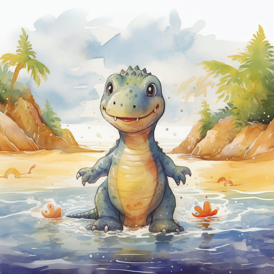 Karykatura dinozaura stojącego w wodzie