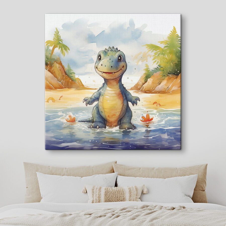 Karykatura dinozaura stojącego w wodzie