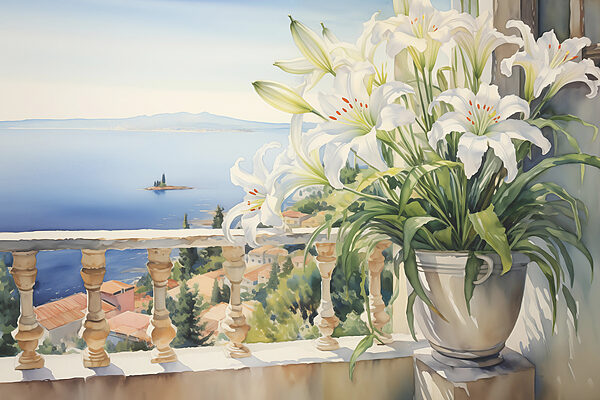 Painting of a balcony with a view of a city and a sea Painting of a balcony with a view of a city and a sea