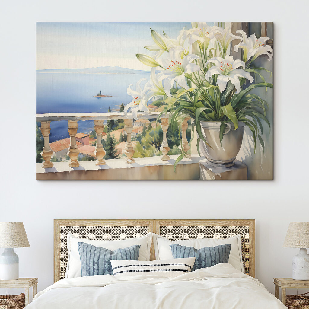 Painting of a balcony with a view of a city and a sea Painting of a balcony with a view of a city and a sea