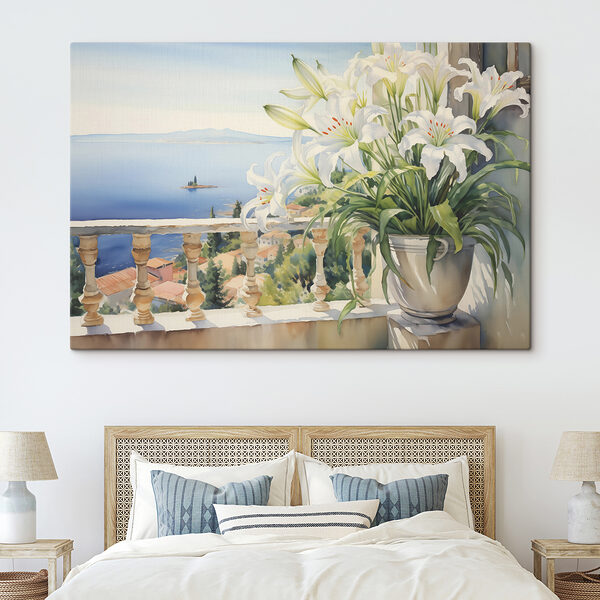 Painting of a balcony with a view of a city and a sea Painting of a balcony with a view of a city and a sea