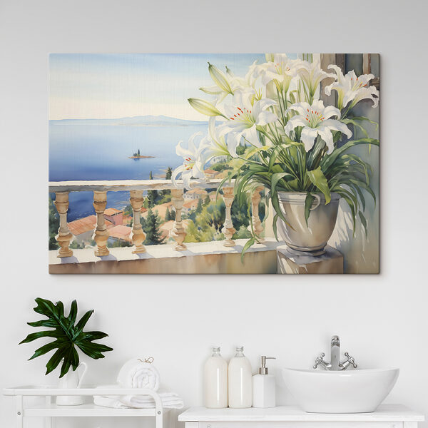 Painting of a balcony with a view of a city and a sea Painting of a balcony with a view of a city and a sea