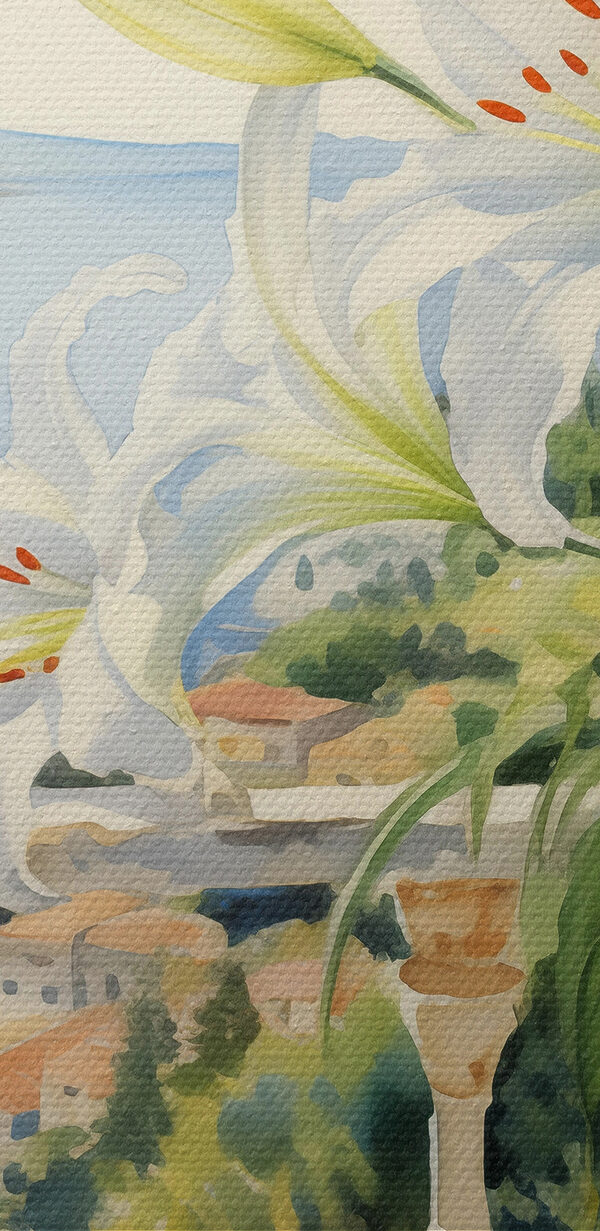 Painting of a balcony with a view of a city and a sea Painting of a balcony with a view of a city and a sea