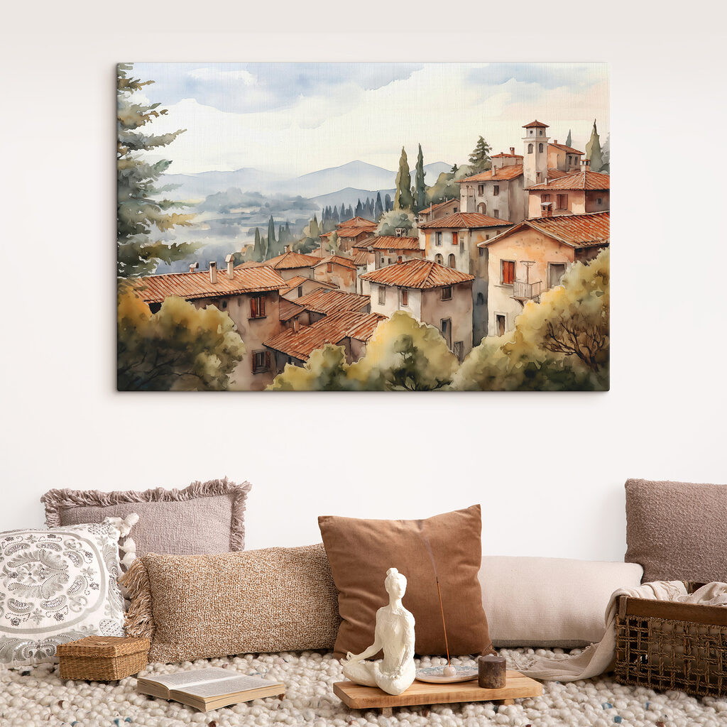 Watercolor painting of a town with many buildings and trees