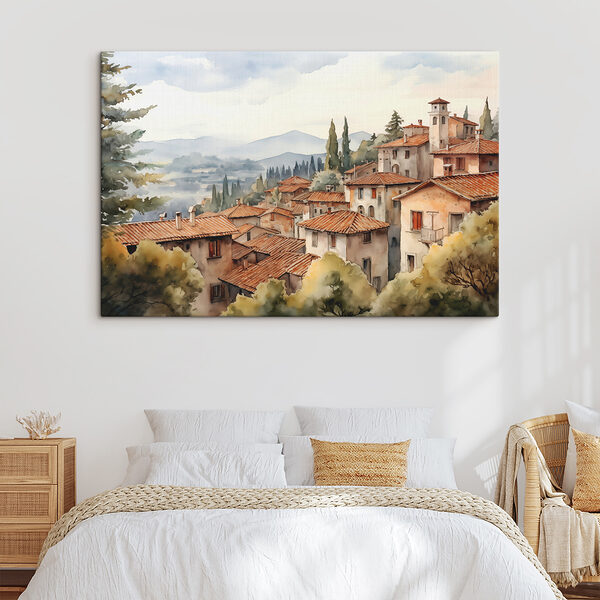 Watercolor painting of a town with many buildings and trees