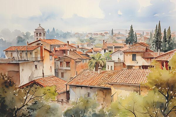 Watercolor of a town with many buildings and trees Watercolor of a town with many buildings and trees