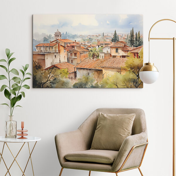 Watercolor of a town with many buildings and trees Watercolor of a town with many buildings and trees