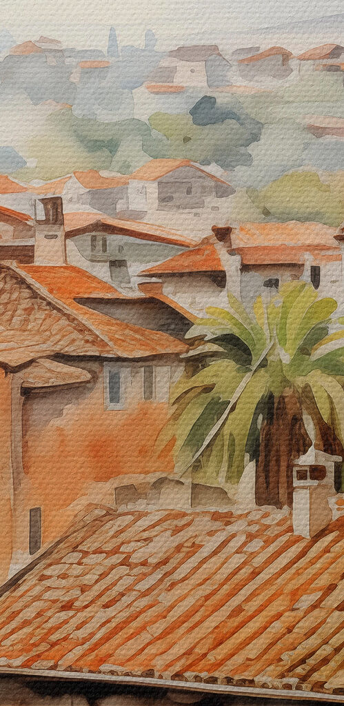 Watercolor of a town with many buildings and trees Watercolor of a town with many buildings and trees