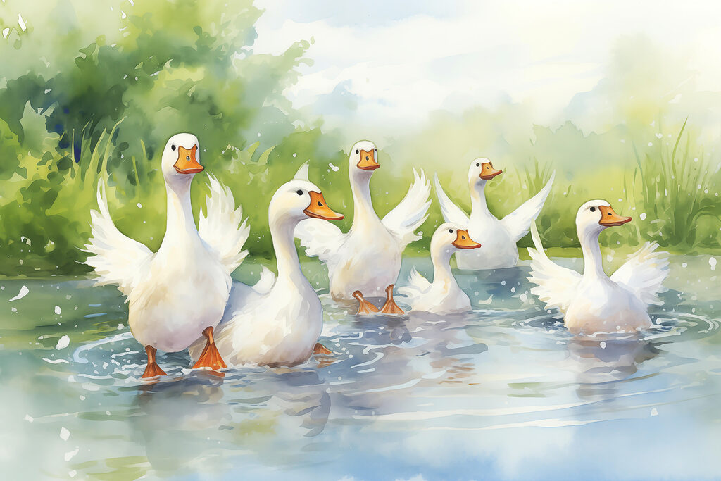 Group of white ducks swimming in water Group of white ducks swimming in water