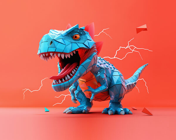 Niebieski dinozaur z wydobywającą się z niego błyskawicą Niebieski dinozaur z wydobywającą się z niego błyskawicą