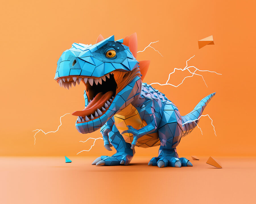 Niebieski dinozaur z wydobywającą się z niego błyskawicą