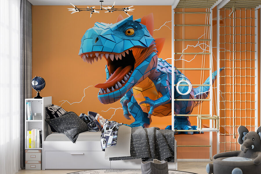 Niebieski dinozaur z wydobywającą się z niego błyskawicą