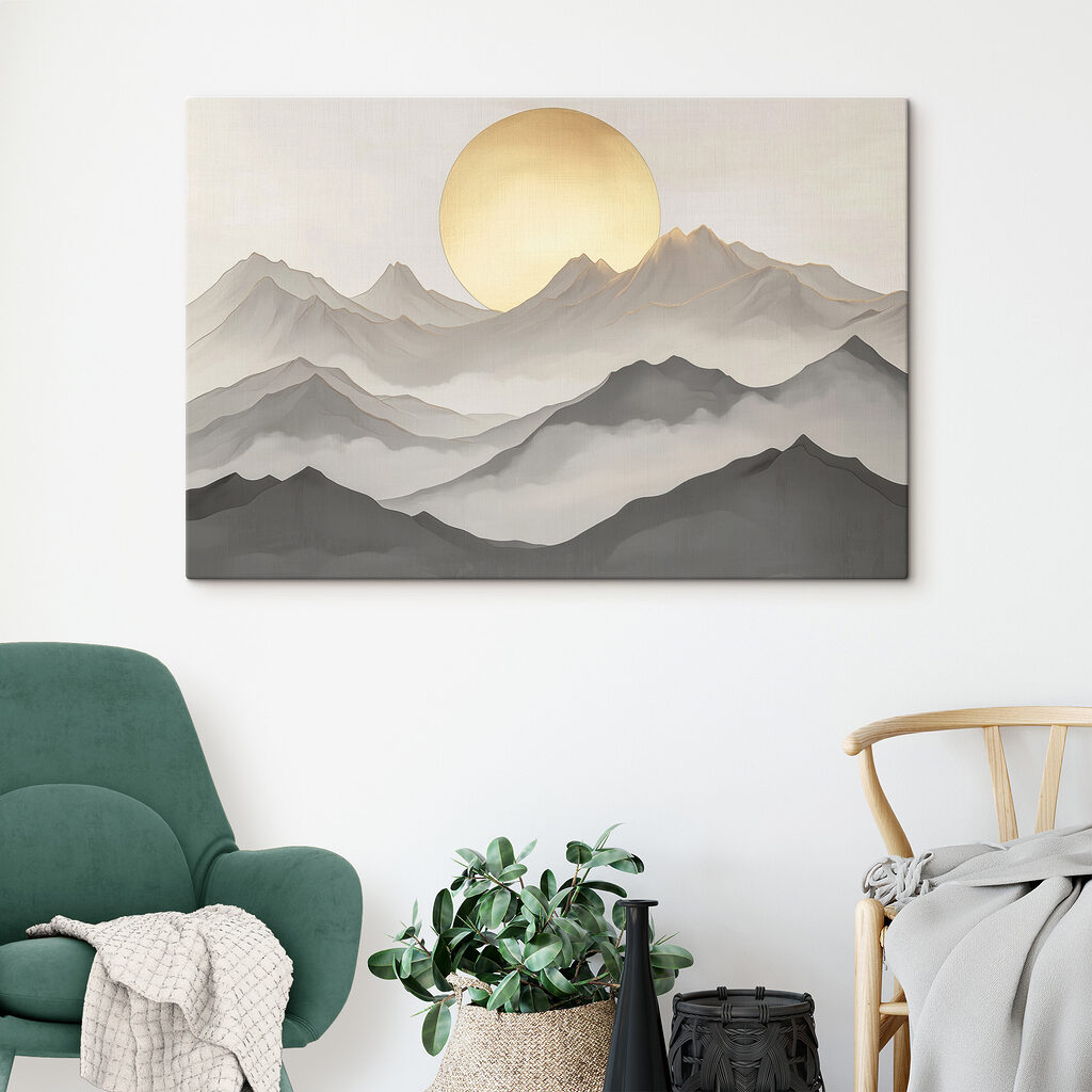 Painting of mountains and the sun