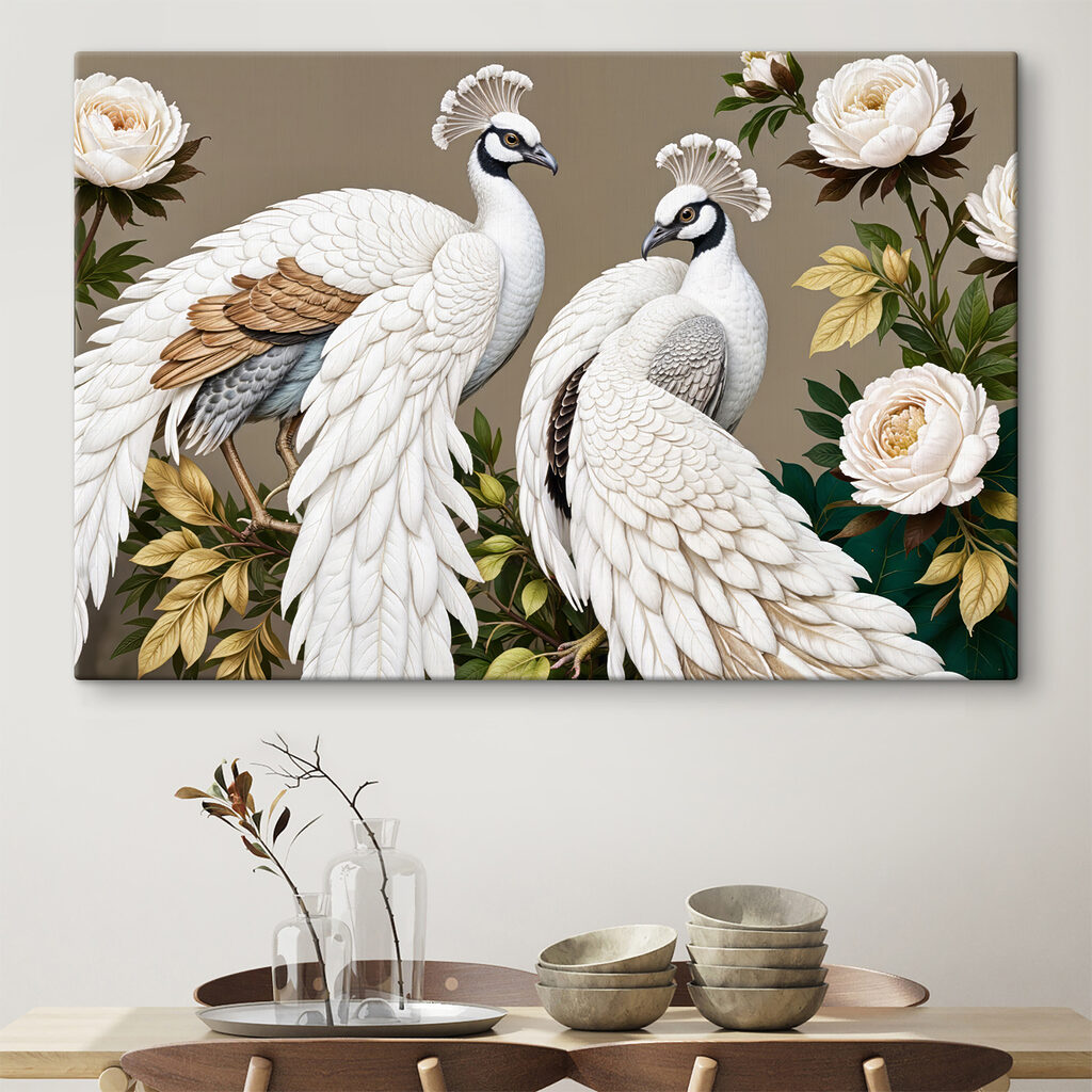 Couple of white peacocks on a branch with flowers