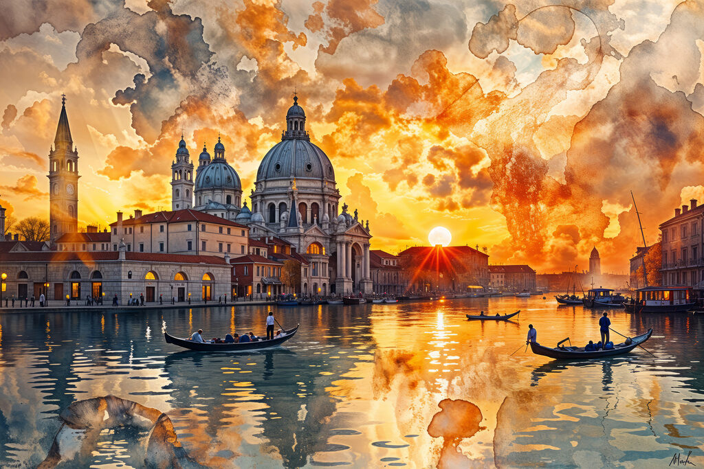 Water with a building and a boat in it