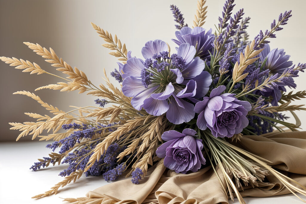 Bouquet of purple flowers and wheat