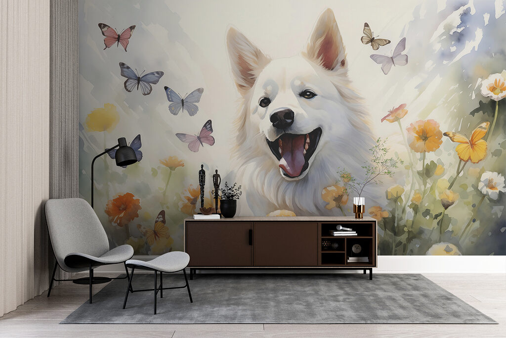White dog with butterflies around it