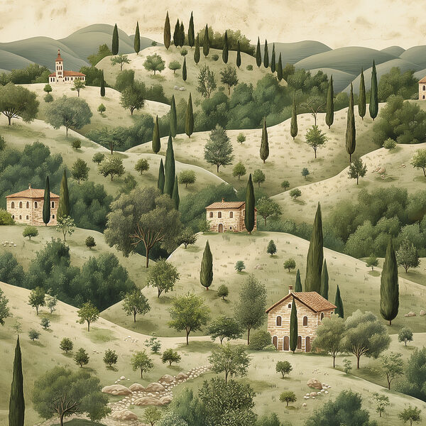 Painting of a landscape with houses and trees