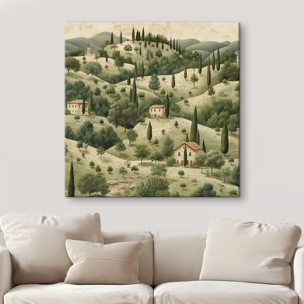 Painting of a landscape with houses and trees