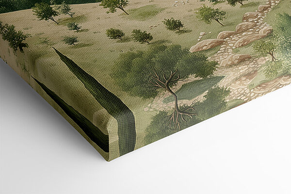 Painting of a landscape with houses and trees