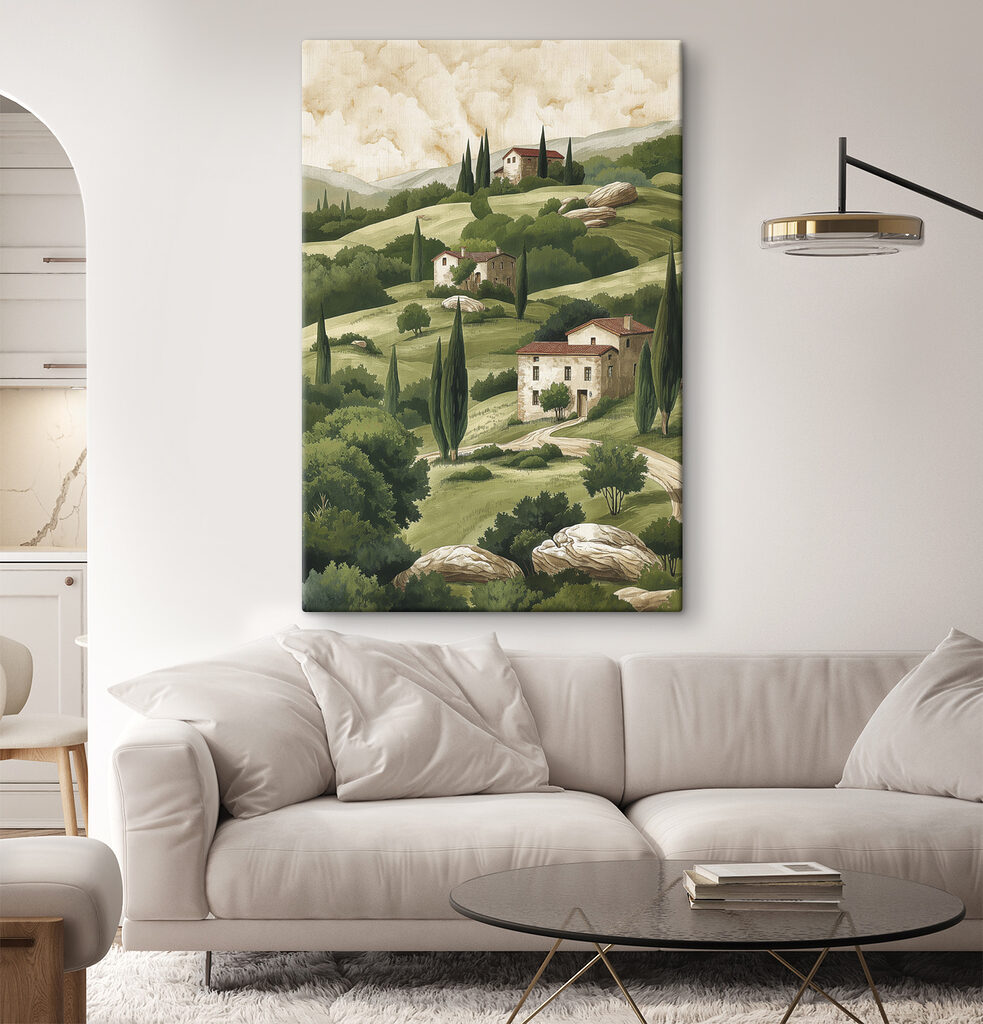 Painting of a landscape with houses and trees