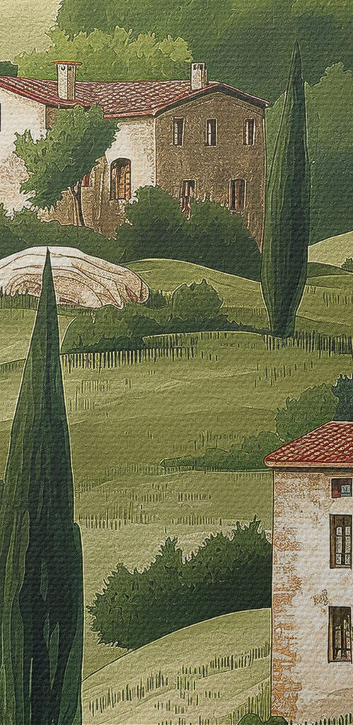 Painting of a landscape with houses and trees