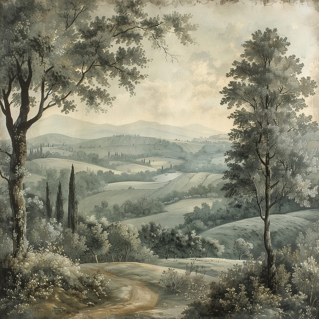 Painting of a landscape with trees and hills