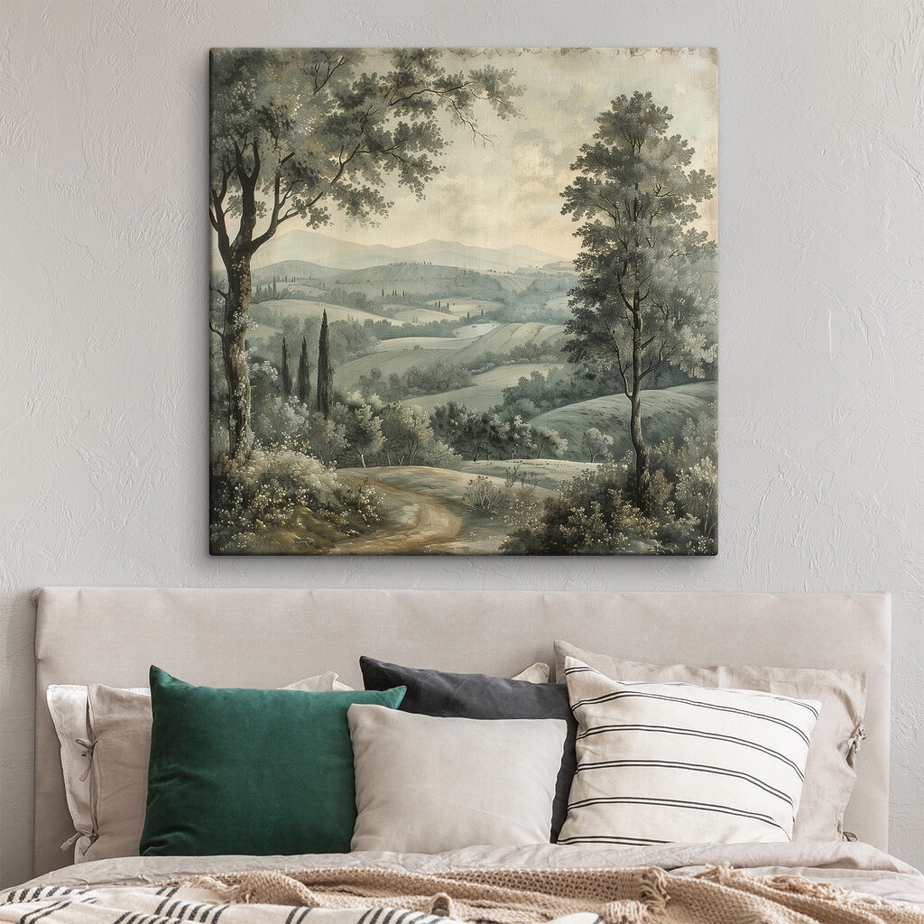 Painting of a landscape with trees and hills