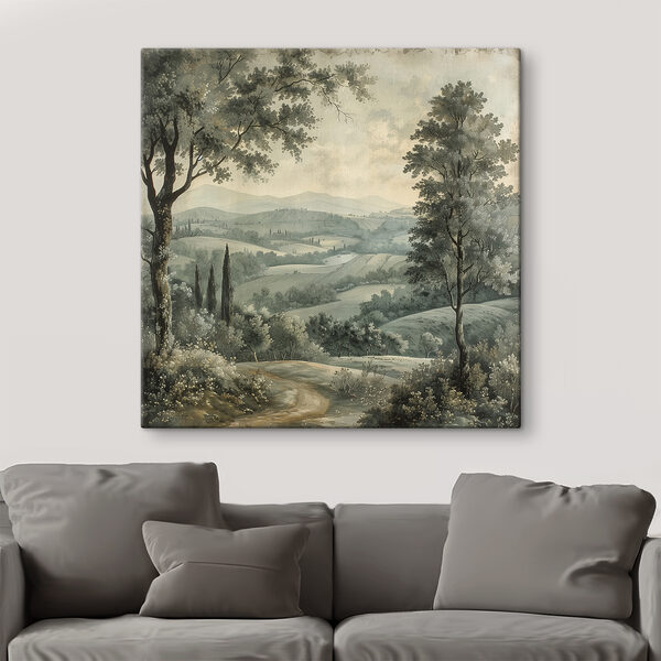 Painting of a landscape with trees and hills