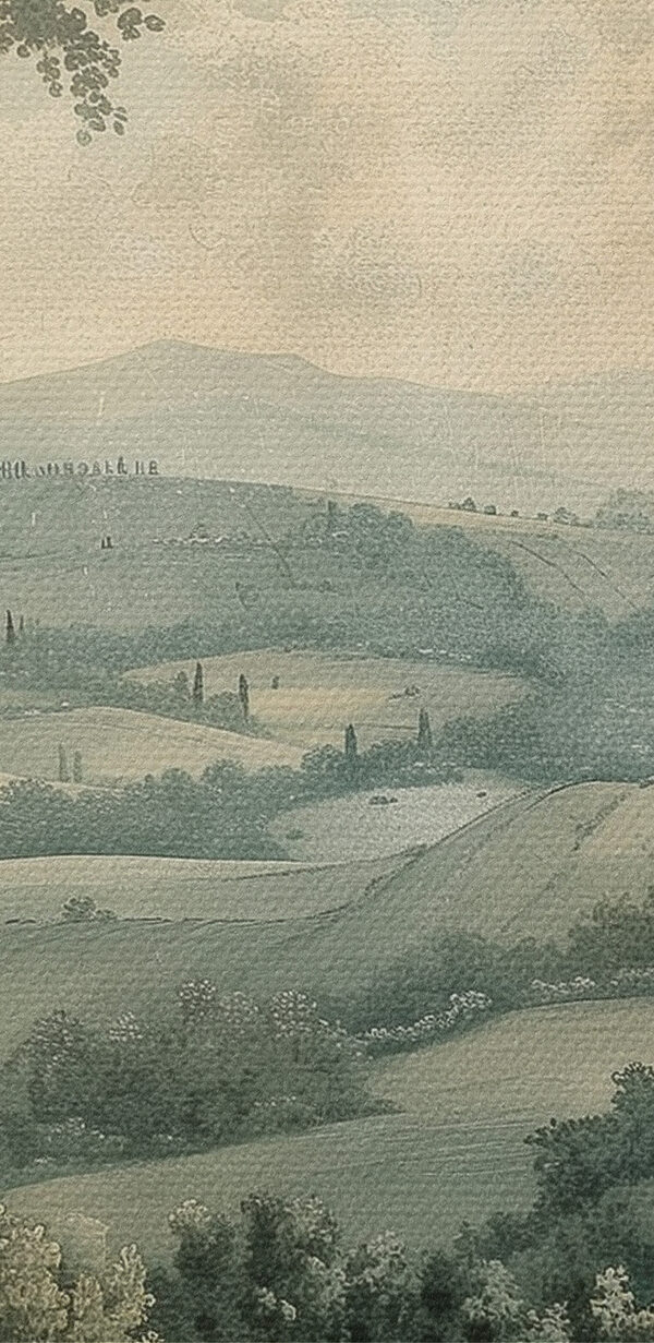 Painting of a landscape with trees and hills