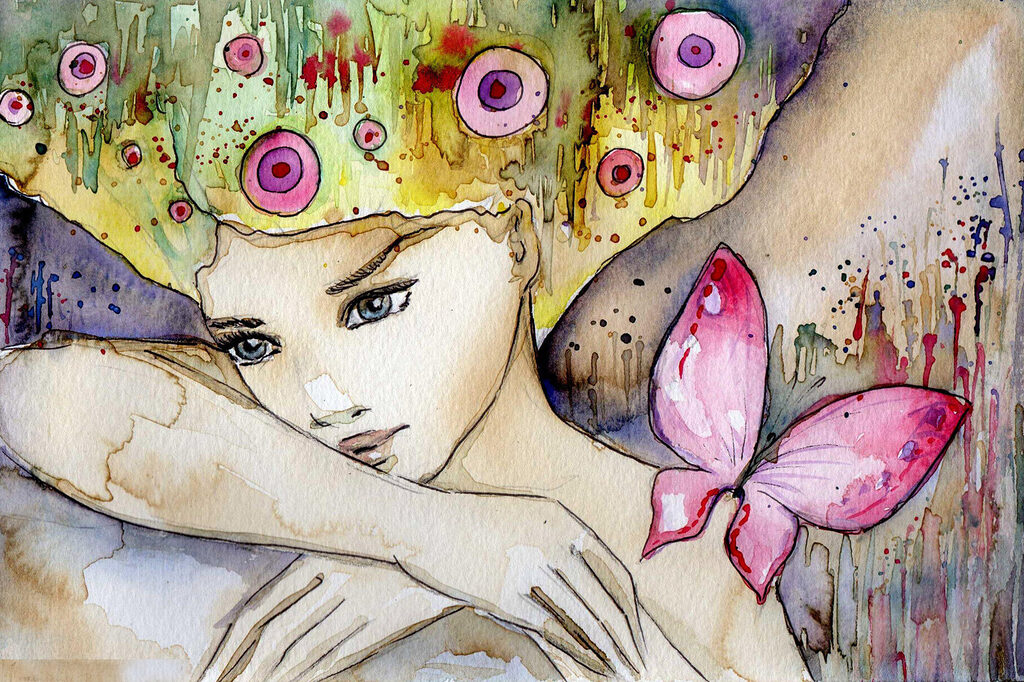 Woman with butterfly on her head