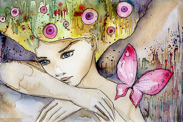 Woman with butterfly on her head