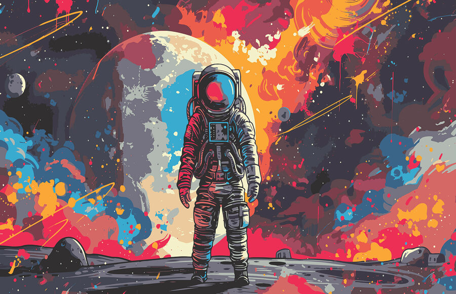 Astronauta w kosmosie z dużą czerwono-pomarańczową przestrzenią za sobą